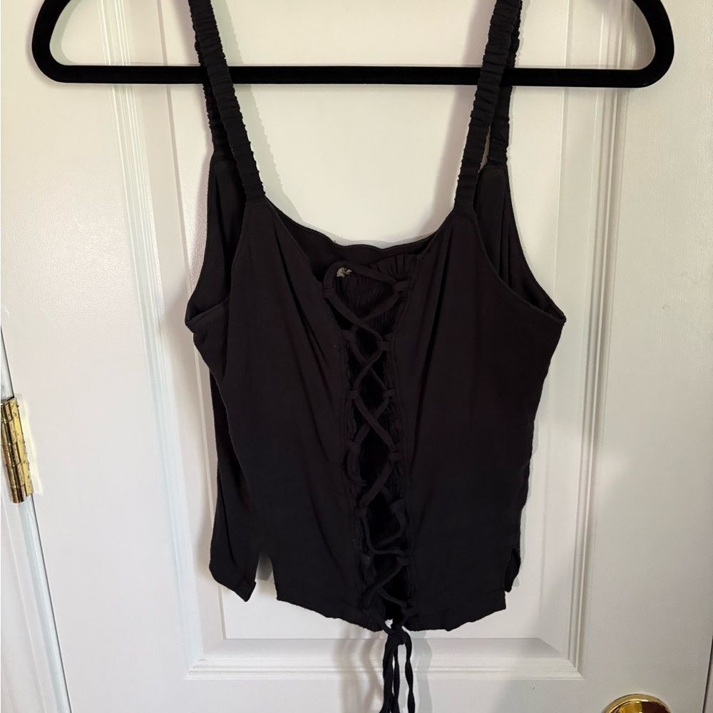 Free People Intimately Lace-Up Tank Top Black Ruched Straps